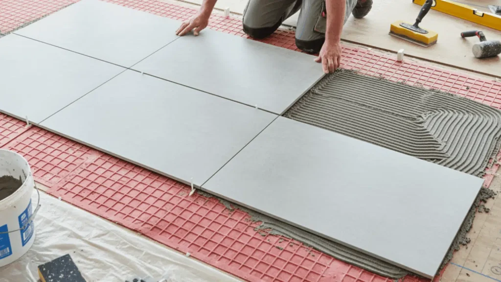 A man installing tiles on the floor